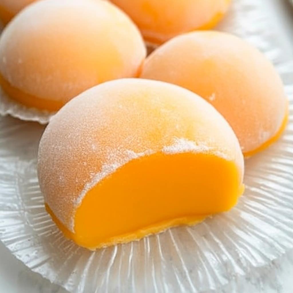 mango mochi with fresh mango on ceramic plate
