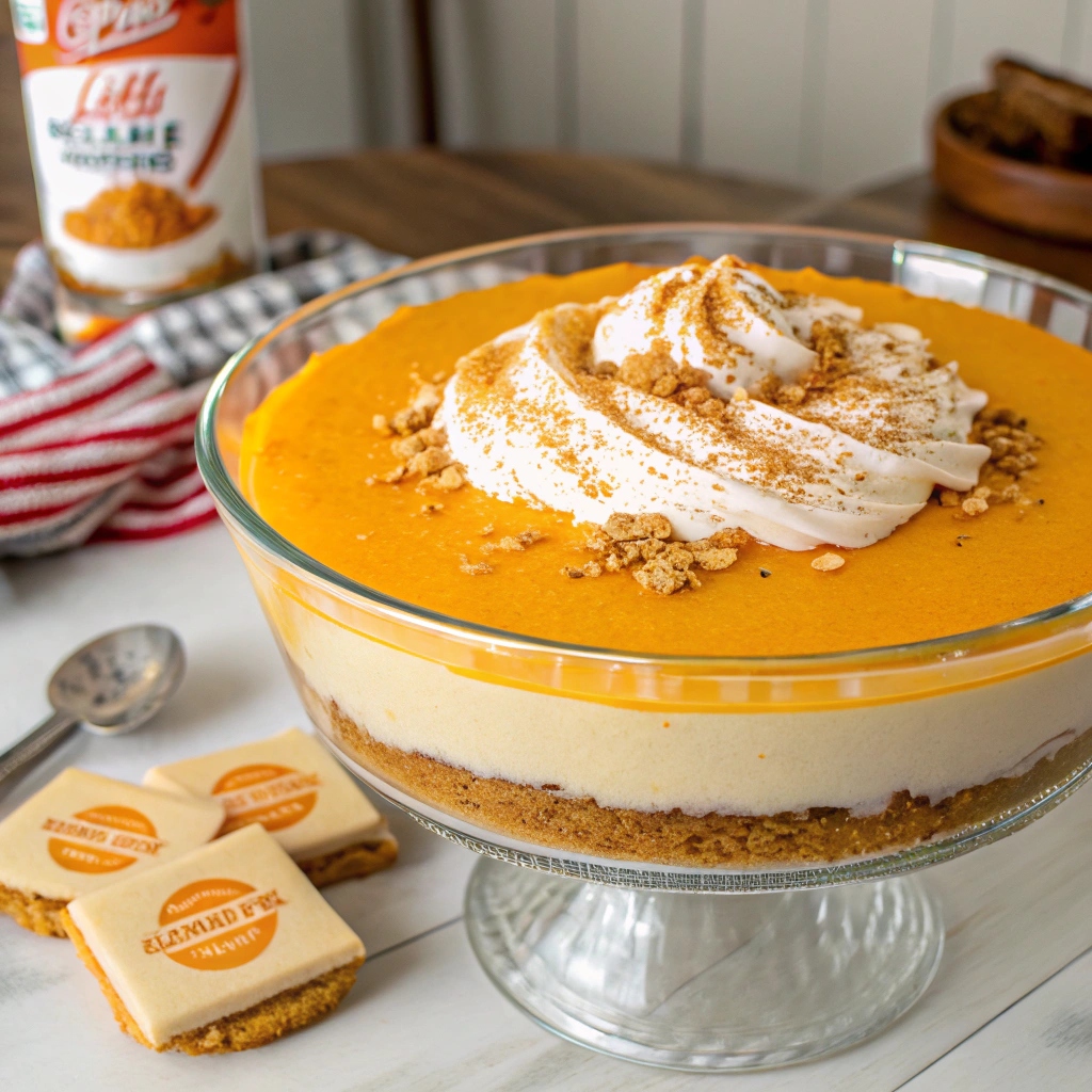 A slice of Jello No-Bake Pumpkin Cheesecake with a graham cracker crust and a dollop of whipped cream on top.